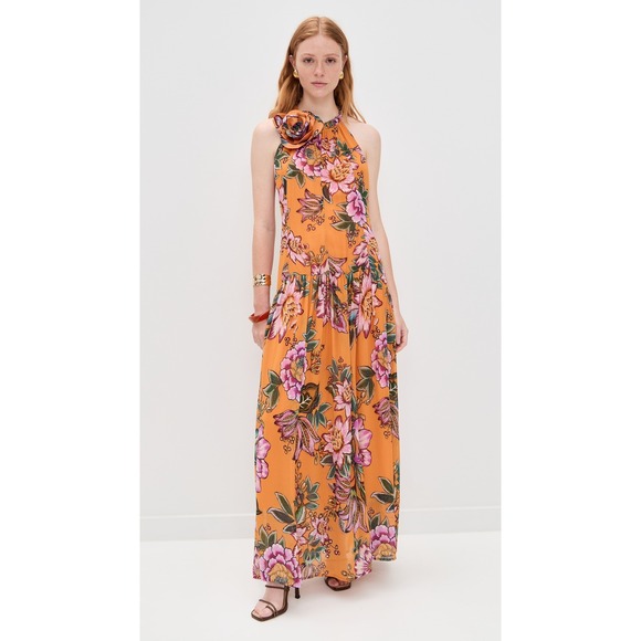 FARM RIO Floral Maxi Dress Orange Halter Neck Flower Embellished Tie Waist XL
